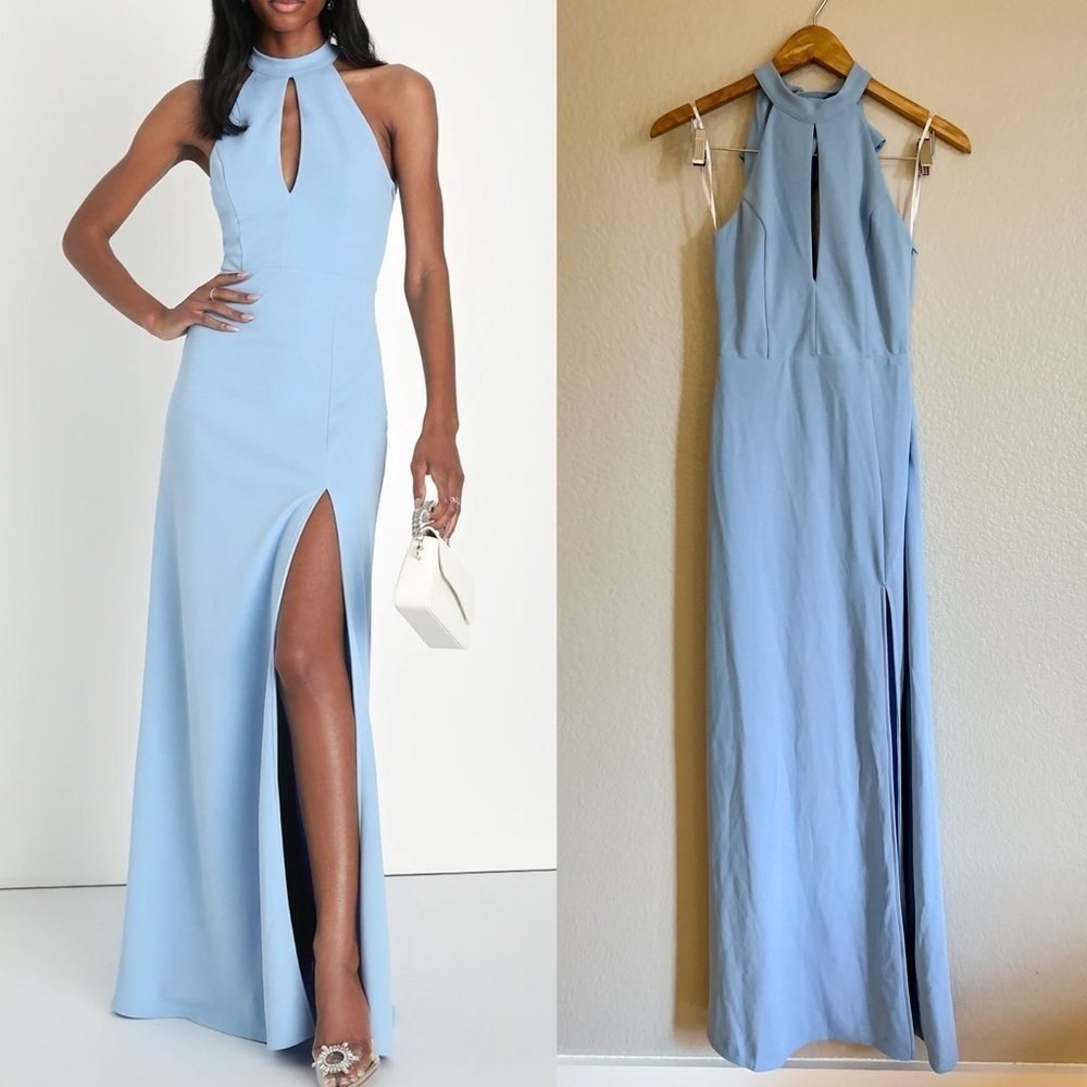 NWOT Striking Elegance Light Blue Bow Backless Halter Maxi Dress